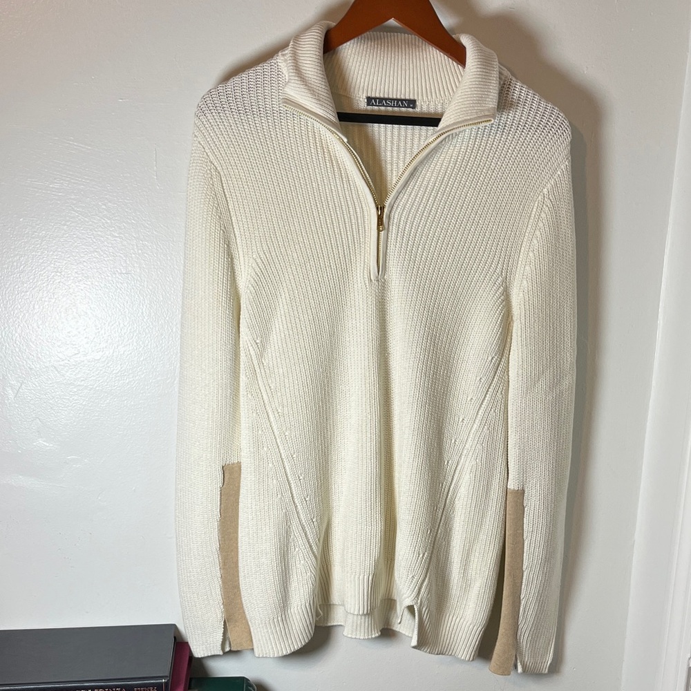 Alashan White Cashmere Cotton Quarter Zip Collared Textured‎ Sweater Sz M